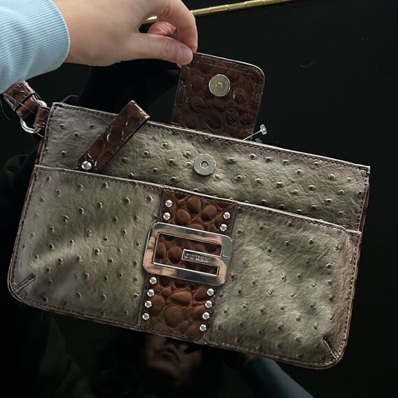 Vintage Guess Brown Crocodile Wristlet G Logo Y2K Studded - Picture 3 of 5
